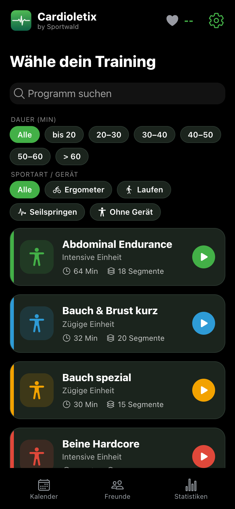 Cardioletix — Programmauswahl